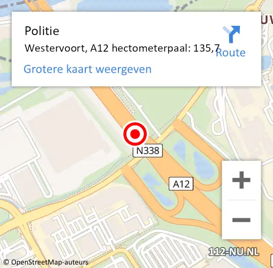 Locatie op kaart van de 112 melding: Politie Westervoort, A12 hectometerpaal: 135,7 op 30 september 2022 16:33