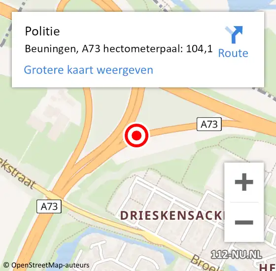 Locatie op kaart van de 112 melding: Politie Beuningen, A73 hectometerpaal: 104,1 op 30 september 2022 16:43