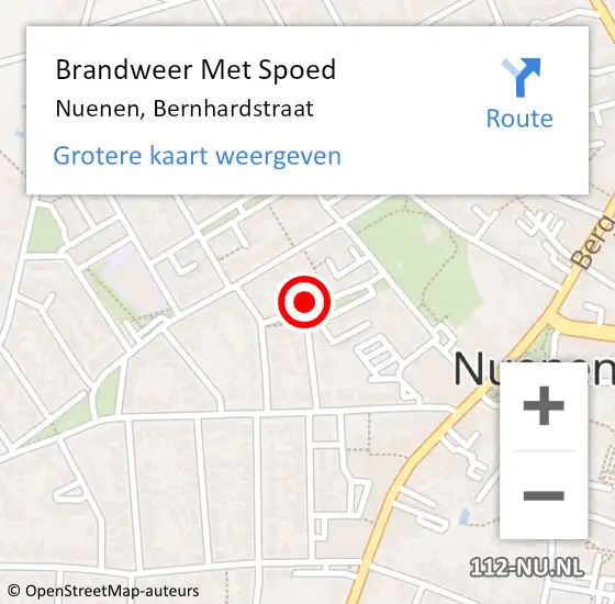 Locatie op kaart van de 112 melding: Brandweer Met Spoed Naar Nuenen, Bernhardstraat op 30 september 2022 19:07