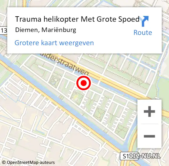 Locatie op kaart van de 112 melding: Trauma helikopter Met Grote Spoed Naar Diemen, Mariënburg op 30 september 2022 22:59