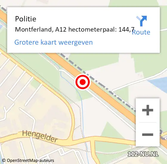 Locatie op kaart van de 112 melding: Politie Montferland, A12 hectometerpaal: 144,7 op 30 september 2022 23:31