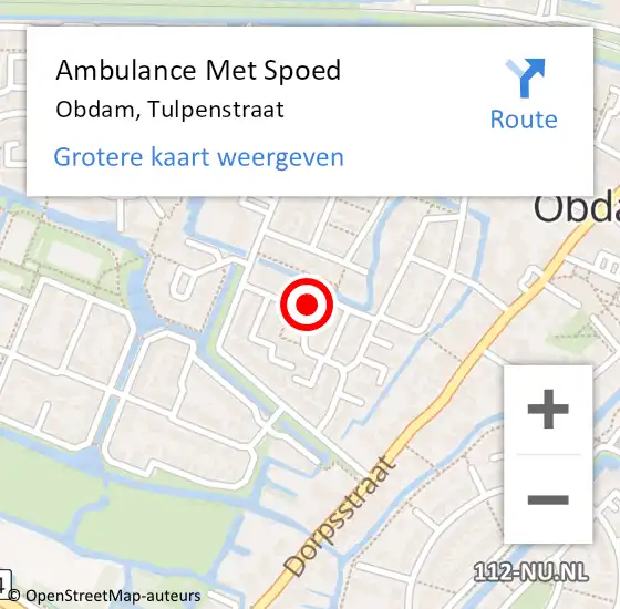 Locatie op kaart van de 112 melding: Ambulance Met Spoed Naar Obdam, Tulpenstraat op 1 oktober 2022 01:29