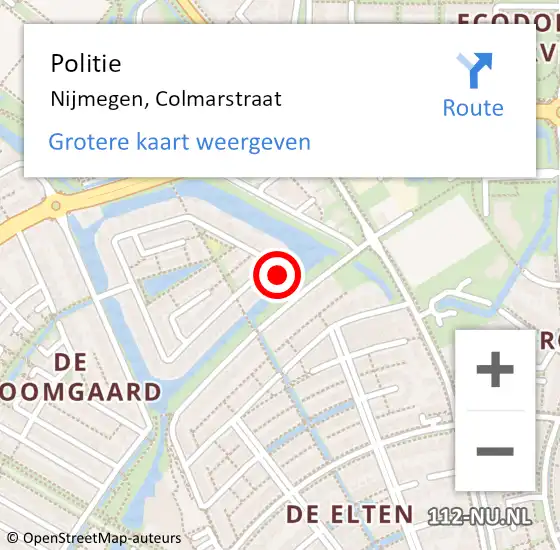 Locatie op kaart van de 112 melding: Politie Nijmegen, Colmarstraat op 1 oktober 2022 09:17