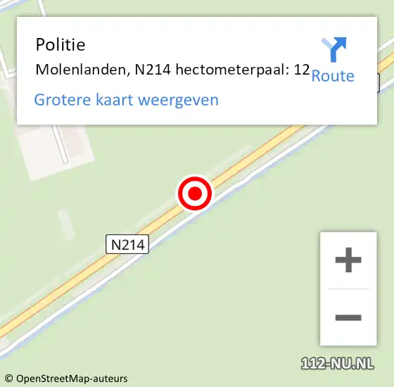 Locatie op kaart van de 112 melding: Politie Molenlanden, N214 hectometerpaal: 12 op 1 oktober 2022 12:09