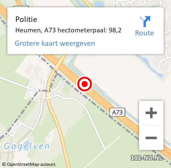 Locatie op kaart van de 112 melding: Politie Heumen, A73 hectometerpaal: 98,2 op 1 oktober 2022 12:41
