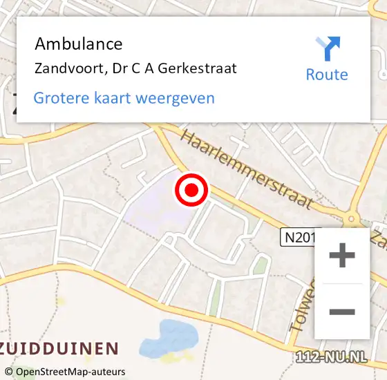 Locatie op kaart van de 112 melding: Ambulance Zandvoort, Dr C A Gerkestraat op 1 oktober 2022 13:01