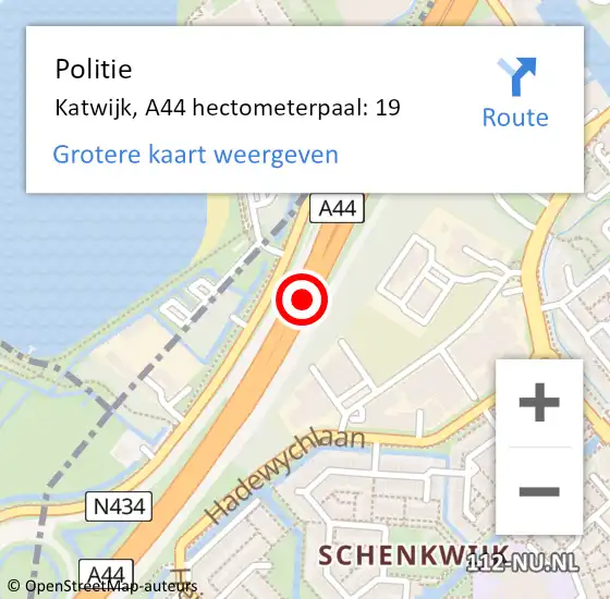 Locatie op kaart van de 112 melding: Politie Katwijk, A44 hectometerpaal: 19 op 1 oktober 2022 14:31