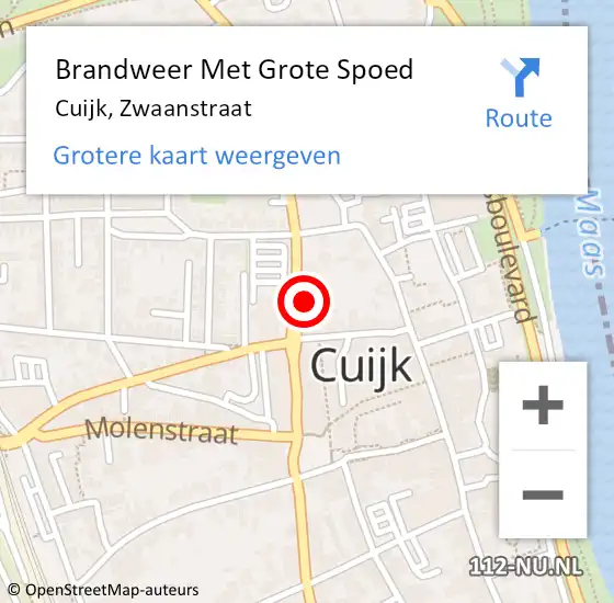 Locatie op kaart van de 112 melding: Brandweer Met Grote Spoed Naar Cuijk, Zwaanstraat op 1 oktober 2022 15:35