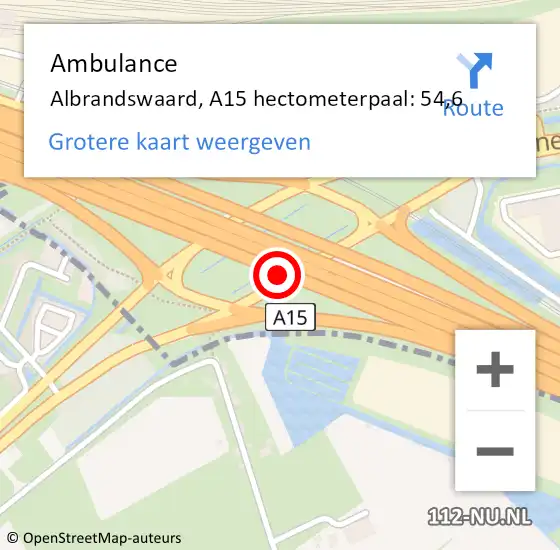 Locatie op kaart van de 112 melding: Ambulance Albrandswaard, A15 hectometerpaal: 54,6 op 1 oktober 2022 16:07