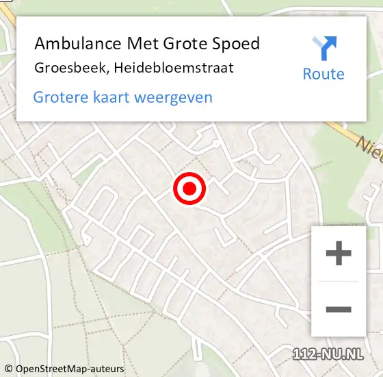 Locatie op kaart van de 112 melding: Ambulance Met Grote Spoed Naar Groesbeek, Heidebloemstraat op 1 oktober 2022 17:16