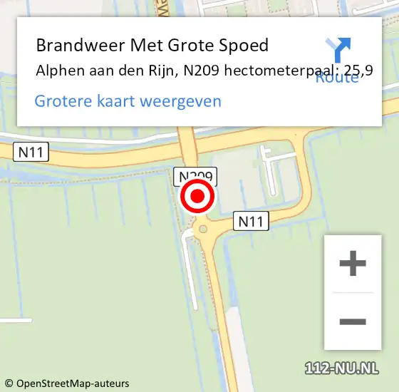 Locatie op kaart van de 112 melding: Brandweer Met Grote Spoed Naar Alphen aan den Rijn, N209 hectometerpaal: 25,9 op 1 oktober 2022 20:46