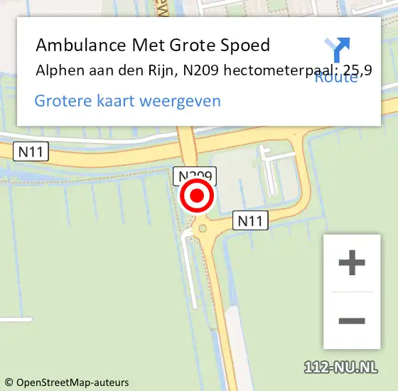 Locatie op kaart van de 112 melding: Ambulance Met Grote Spoed Naar Alphen aan den Rijn, N209 hectometerpaal: 25,9 op 1 oktober 2022 20:46