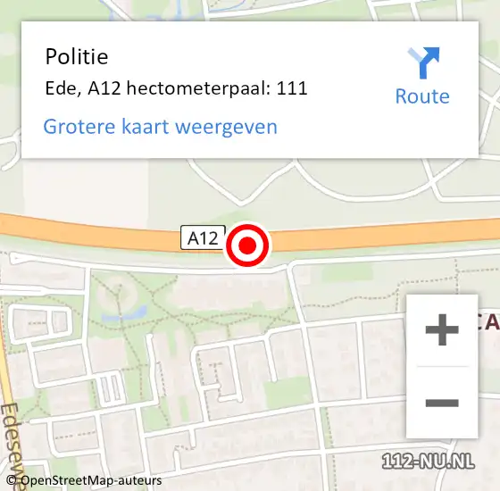 Locatie op kaart van de 112 melding: Politie Ede, A12 hectometerpaal: 111 op 1 oktober 2022 21:36