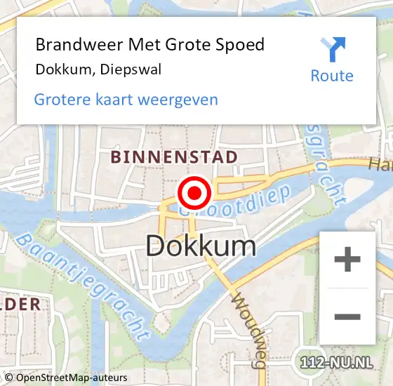 Locatie op kaart van de 112 melding: Brandweer Met Grote Spoed Naar Dokkum, Diepswal op 1 oktober 2022 21:38