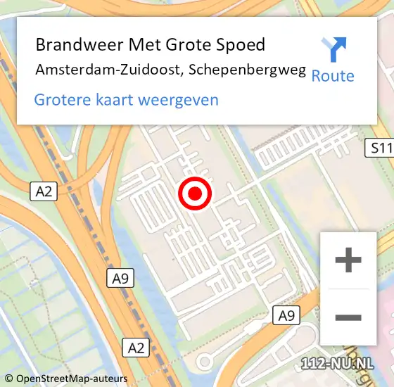 Locatie op kaart van de 112 melding: Brandweer Met Grote Spoed Naar Amsterdam-Zuidoost, Schepenbergweg op 1 oktober 2022 22:58