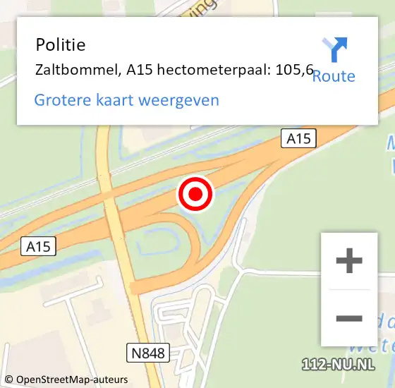 Locatie op kaart van de 112 melding: Politie Zaltbommel, A15 hectometerpaal: 105,6 op 1 oktober 2022 23:42