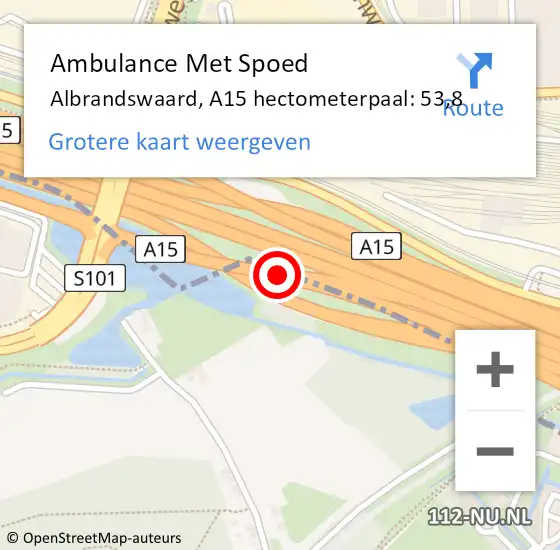 Locatie op kaart van de 112 melding: Ambulance Met Spoed Naar Albrandswaard, A15 hectometerpaal: 53,8 op 2 oktober 2022 09:09