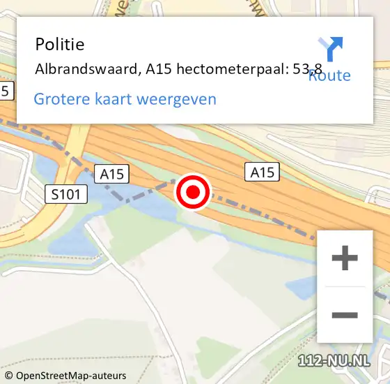 Locatie op kaart van de 112 melding: Politie Albrandswaard, A15 hectometerpaal: 53,8 op 2 oktober 2022 09:10