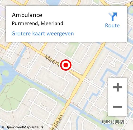 Locatie op kaart van de 112 melding: Ambulance Purmerend, Meerland op 2 oktober 2022 13:59