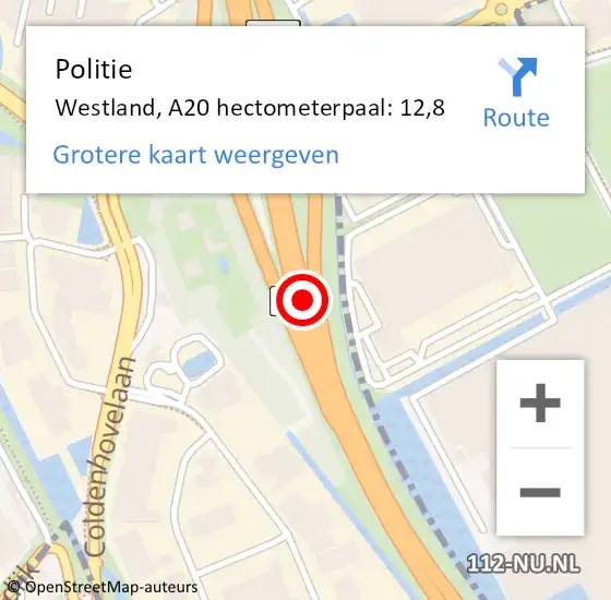 Locatie op kaart van de 112 melding: Politie Westland, A20 hectometerpaal: 12,8 op 2 oktober 2022 14:13