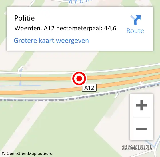 Locatie op kaart van de 112 melding: Politie Woerden, A12 hectometerpaal: 44,6 op 2 oktober 2022 15:28