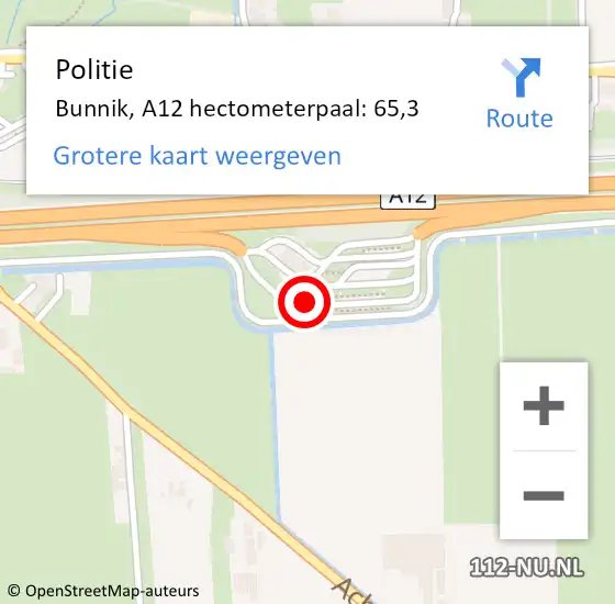 Locatie op kaart van de 112 melding: Politie Bunnik, A12 hectometerpaal: 65,3 op 2 oktober 2022 19:05