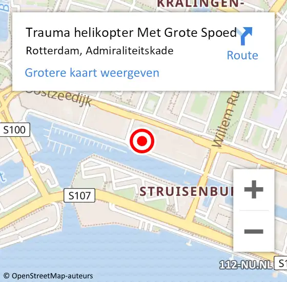 Locatie op kaart van de 112 melding: Trauma helikopter Met Grote Spoed Naar Rotterdam, Admiraliteitskade op 2 oktober 2022 23:27
