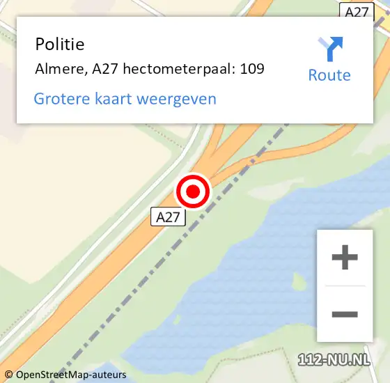 Locatie op kaart van de 112 melding: Politie Almere, A27 hectometerpaal: 109 op 3 oktober 2022 01:19