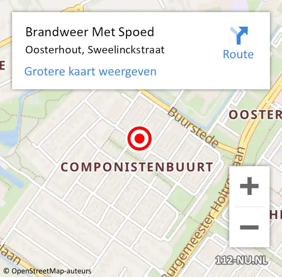 Locatie op kaart van de 112 melding: Brandweer Met Spoed Naar Oosterhout, Sweelinckstraat op 3 oktober 2022 02:46