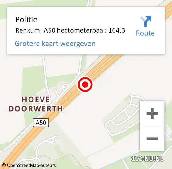 Locatie op kaart van de 112 melding: Politie Renkum, A50 hectometerpaal: 164,3 op 3 oktober 2022 05:14