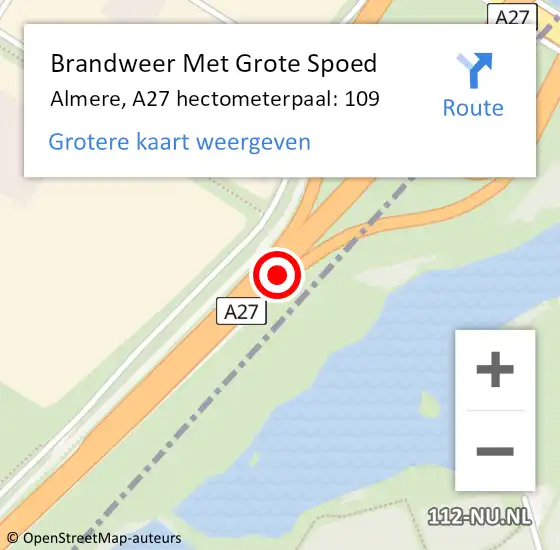 Locatie op kaart van de 112 melding: Brandweer Met Grote Spoed Naar Almere, A27 hectometerpaal: 109 op 3 oktober 2022 05:53