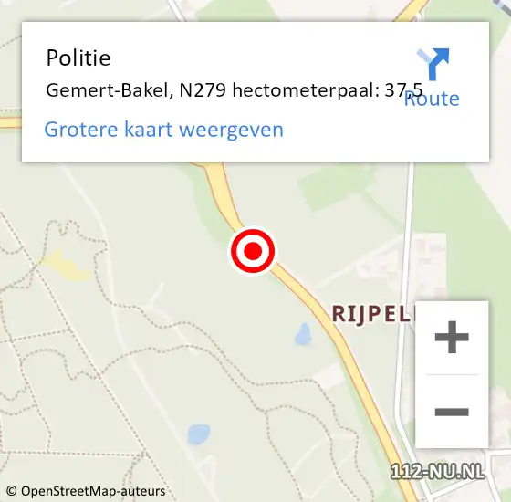 Locatie op kaart van de 112 melding: Politie Gemert-Bakel, N279 hectometerpaal: 37,5 op 3 oktober 2022 06:54