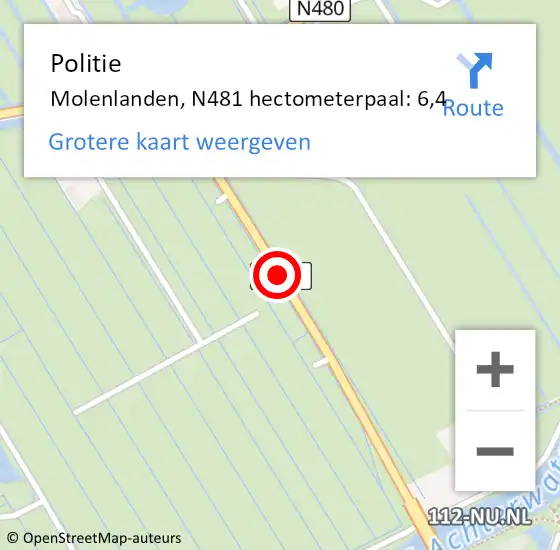 Locatie op kaart van de 112 melding: Politie Molenlanden, N481 hectometerpaal: 6,4 op 3 oktober 2022 07:18