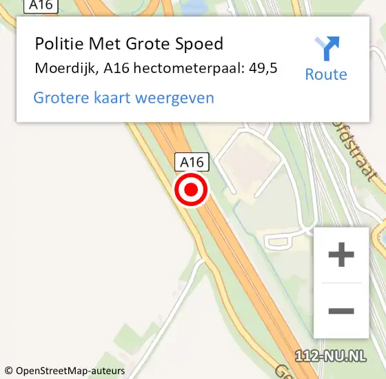 Locatie op kaart van de 112 melding: Politie Met Grote Spoed Naar Moerdijk, A16 hectometerpaal: 49,5 op 3 oktober 2022 07:39