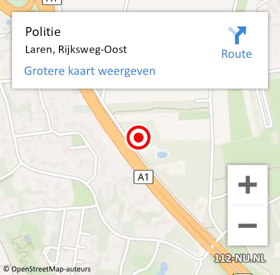 Locatie op kaart van de 112 melding: Politie Laren, Rijksweg-Oost op 3 oktober 2022 09:08