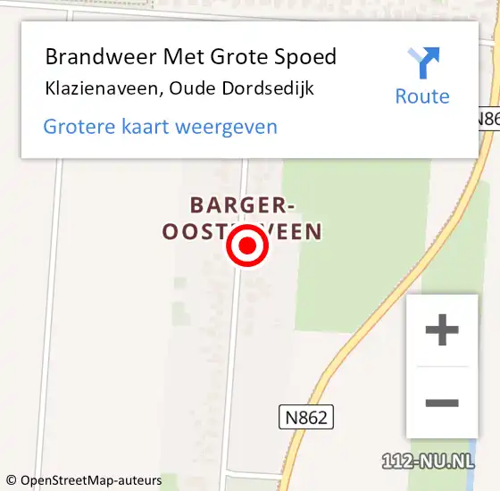 Locatie op kaart van de 112 melding: Brandweer Met Grote Spoed Naar Klazienaveen, Oude Dordsedijk op 3 oktober 2022 09:59