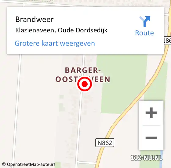 Locatie op kaart van de 112 melding: Brandweer Klazienaveen, Oude Dordsedijk op 3 oktober 2022 11:03