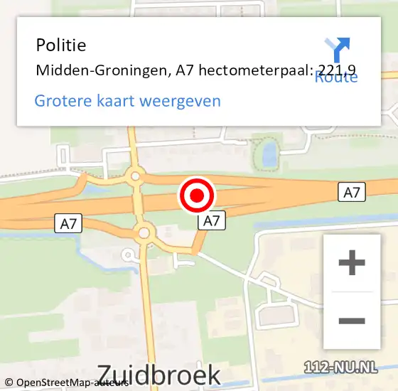 Locatie op kaart van de 112 melding: Politie Midden-Groningen, A7 hectometerpaal: 221,9 op 3 oktober 2022 14:00