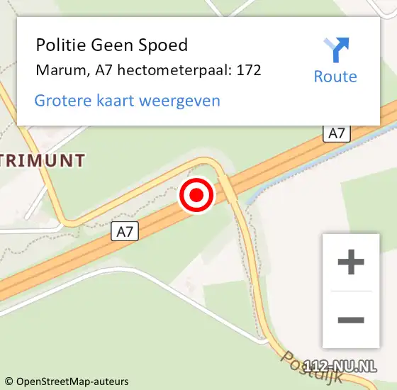 Locatie op kaart van de 112 melding: Politie Geen Spoed Naar Marum, A7 hectometerpaal: 172 op 3 oktober 2022 21:18
