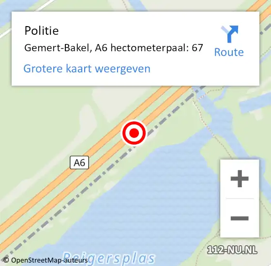 Locatie op kaart van de 112 melding: Politie Gemert-Bakel, A6 hectometerpaal: 67 op 3 oktober 2022 21:55