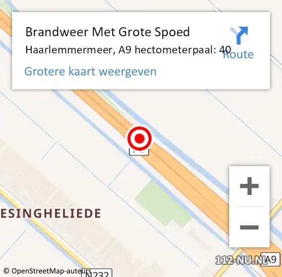 Locatie op kaart van de 112 melding: Brandweer Met Grote Spoed Naar Haarlemmermeer, A9 hectometerpaal: 40 op 4 oktober 2022 05:35