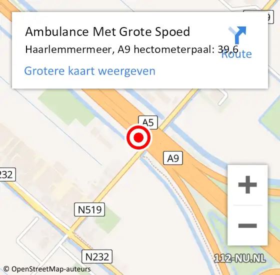 Locatie op kaart van de 112 melding: Ambulance Met Grote Spoed Naar Haarlemmermeer, A9 hectometerpaal: 39,6 op 4 oktober 2022 05:35