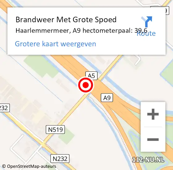 Locatie op kaart van de 112 melding: Brandweer Met Grote Spoed Naar Haarlemmermeer, A9 hectometerpaal: 39,6 op 4 oktober 2022 05:38