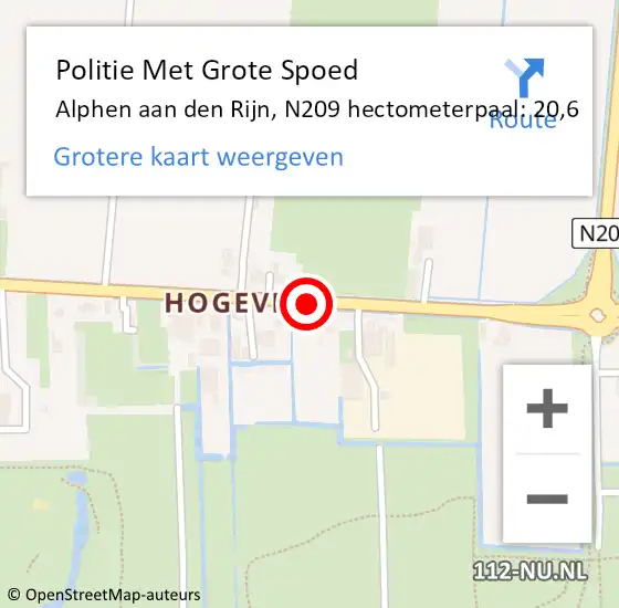 Locatie op kaart van de 112 melding: Politie Met Grote Spoed Naar Alphen aan den Rijn, N209 hectometerpaal: 20,6 op 4 oktober 2022 14:48