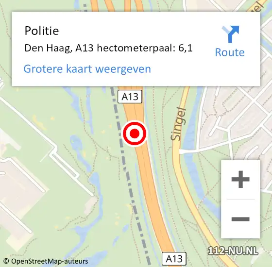 Locatie op kaart van de 112 melding: Politie Den Haag, A13 hectometerpaal: 6,1 op 4 oktober 2022 15:29
