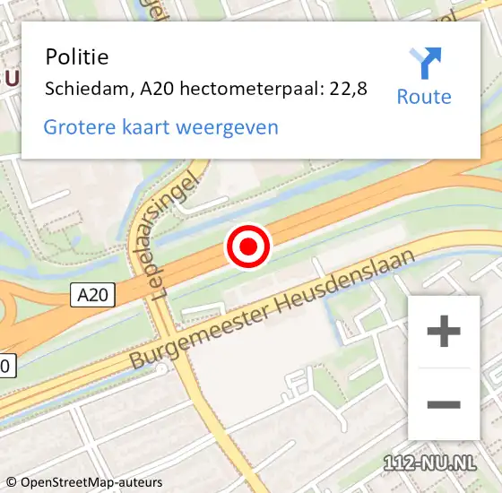 Locatie op kaart van de 112 melding: Politie Schiedam, A20 hectometerpaal: 22,8 op 4 oktober 2022 16:02