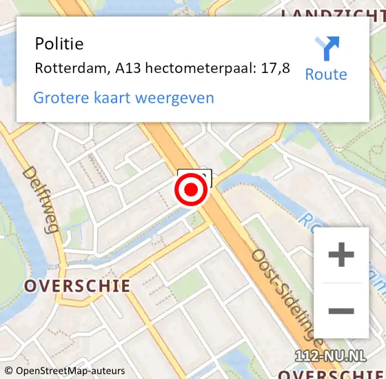 Locatie op kaart van de 112 melding: Politie Rotterdam, A13 hectometerpaal: 17,8 op 4 oktober 2022 17:03