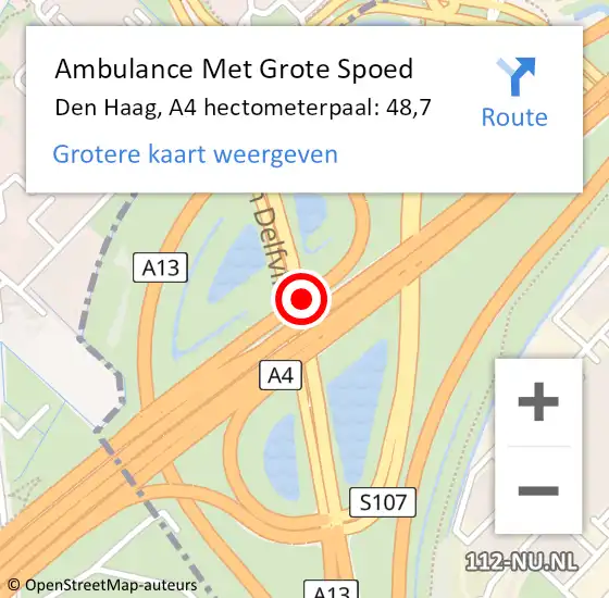 Locatie op kaart van de 112 melding: Ambulance Met Grote Spoed Naar Den Haag, A4 hectometerpaal: 48,7 op 4 oktober 2022 17:11