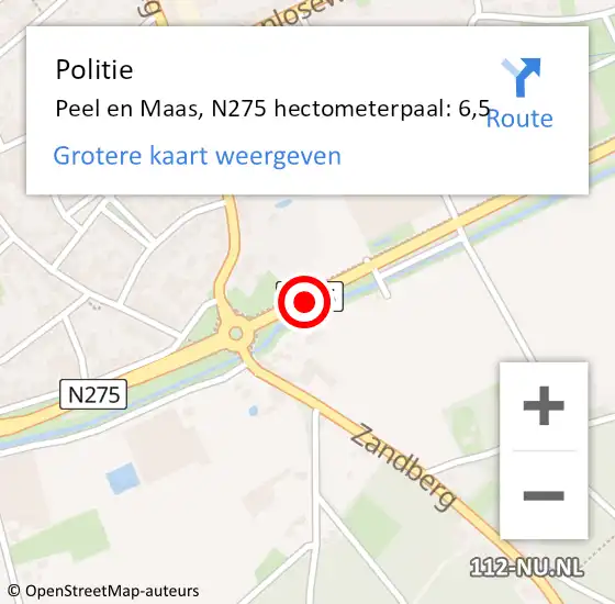 Locatie op kaart van de 112 melding: Politie Peel en Maas, N275 hectometerpaal: 6,5 op 4 oktober 2022 17:44