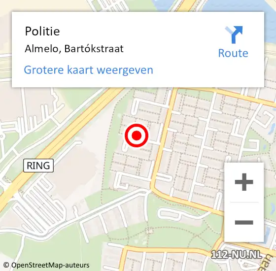 Locatie op kaart van de 112 melding: Politie Almelo, Bartókstraat op 4 oktober 2022 18:28